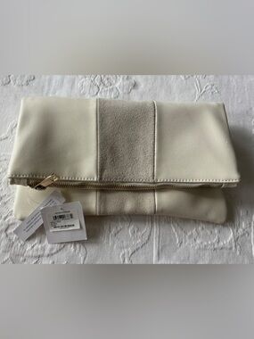 Nordstrom Cream Fold-Over Clutch with Suede Center Panel